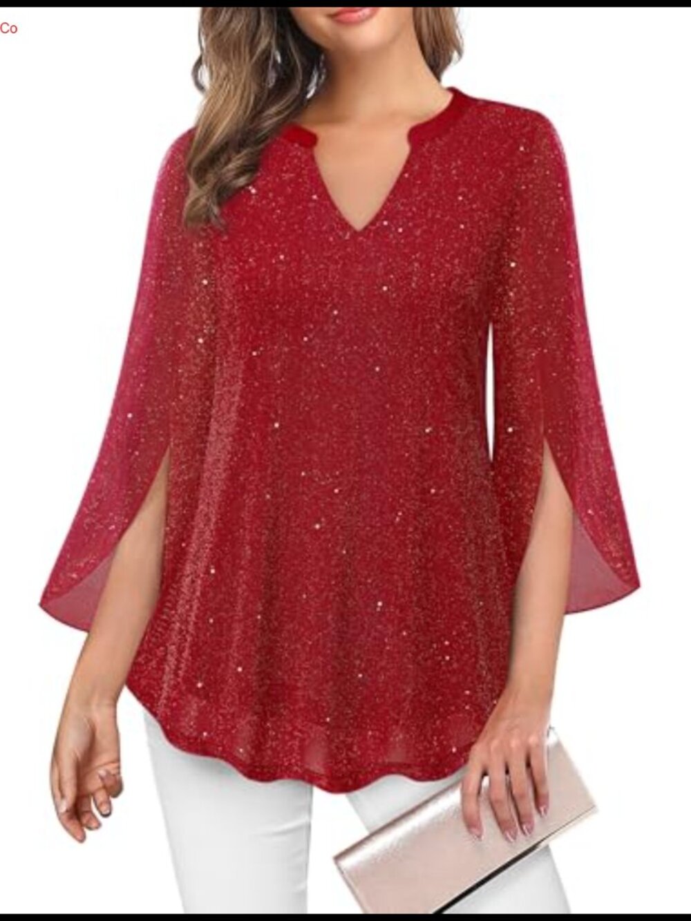 Women's 3/4 Sleeve Floral Tunic Top V Neck Double Layer Mesh Blouse